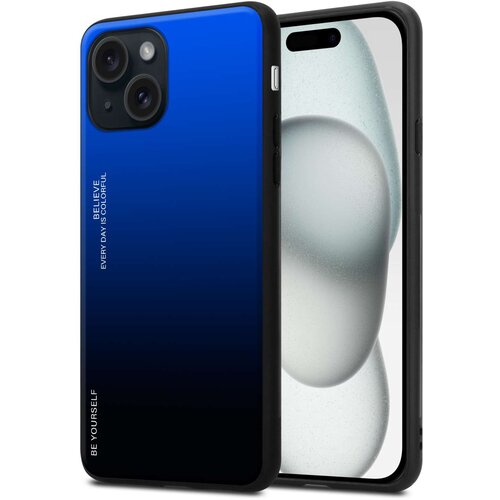 Cadorabo Ohi&amp;scaron;je je združljivo z Apple iPhone 15 PLUS in modra - črna - Dvobarvni za&amp;scaron;čitni pokrov iz silikona TPU in hrbtna stran iz kaljenega stekla, (20860320) Slike