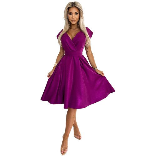 Numoco flared dress with a clutch neckline and belt Slike