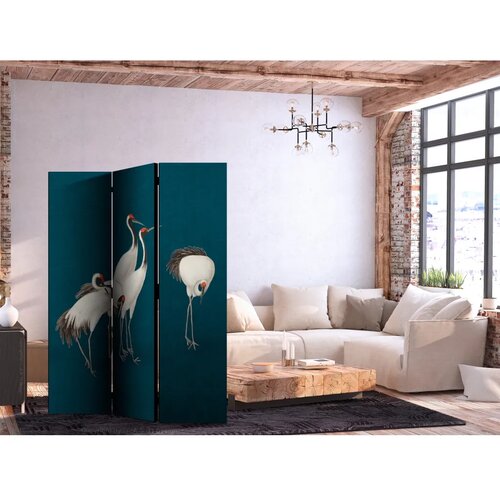  Paravan - Evening by the pond - a group of cranes drawn with dry pastels on a dark turquoise background 135x172 Jednostrani Cene