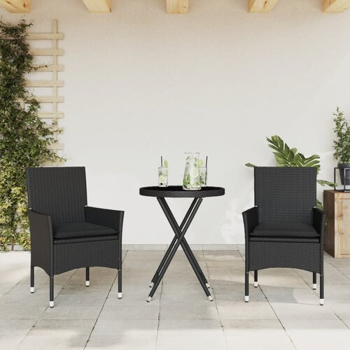 VidaXL 3-dijelni bistro set s jastucima crni od poliratana i stakla Slike