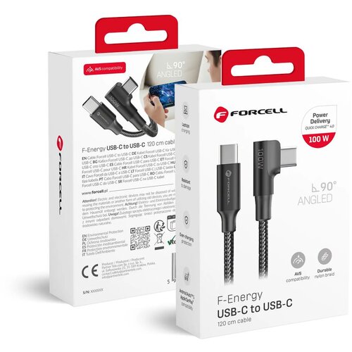 Forcell Kabel USB C na USB C F-Energy QC4.0 PD 5A 100W kutni kabel 120 cm - crni Slike