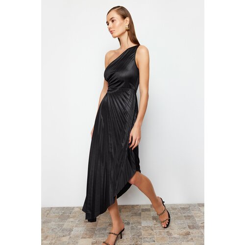Trendyol Black Asymmetric Knitted Pleat Detailed Satin Elegant Evening Dress Slike