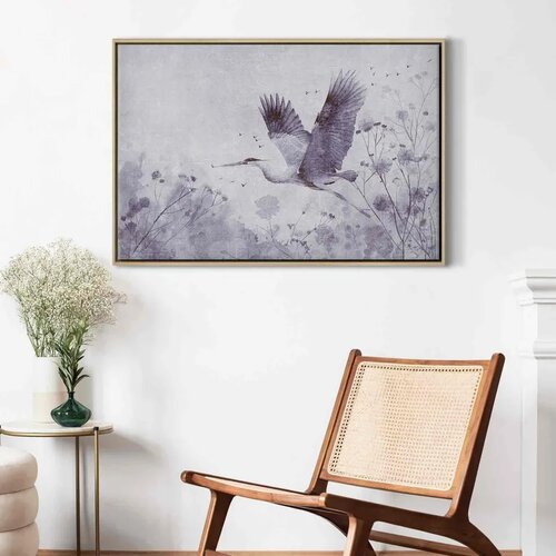  Slika - Majestic flight - a crane in flight in monochrome 90x60 U prirodnom drvenom okviru Slike