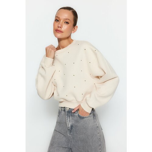 Trendyol Beige Thick Fleece Inside, Stone Detailed Regular/Regular Knitted Sweatshirt Cene