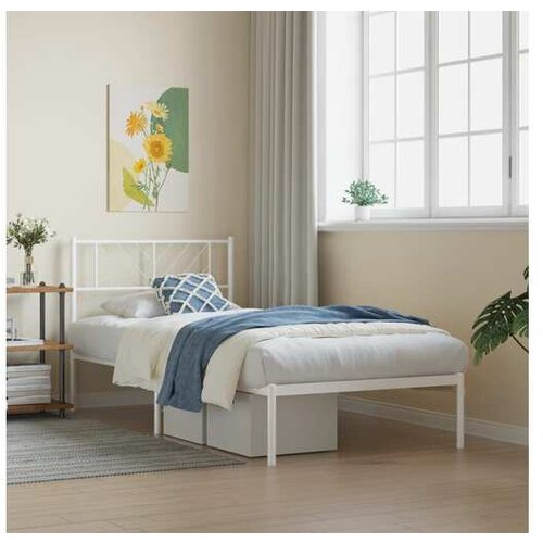 VidaXL Kovinski posteljni okvir z vzglavjem bel 100x190 cm Slike
