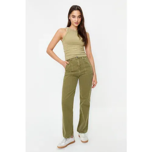 Trendyol Khaki Wash Effect Pocket Detailed High Waist Straight Jeans