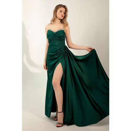 Lafaba Women's Emerald Green Long Evening Dress with Breast Stones