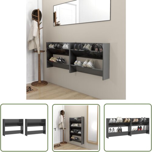 The Living Store Stenska omara za čevlje 2 kosa visok sijaj siva 80x18x60 cm - Stenska Omarica Za Čevlje, (21744506) Cene