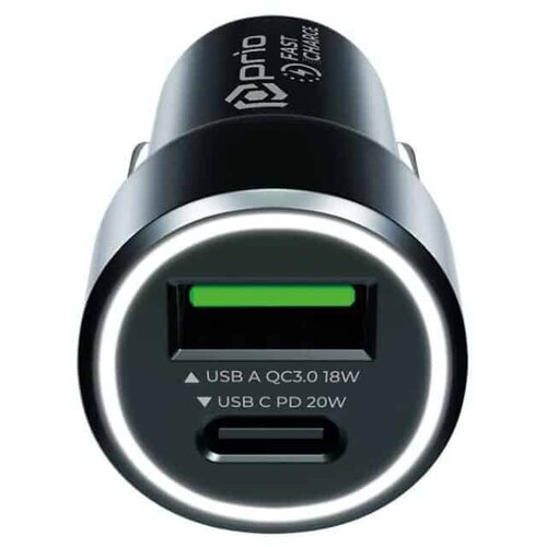 Prio Fast Charge Car Charger 20W PD (USB C) + QC 3.0 (USB A) black Slike