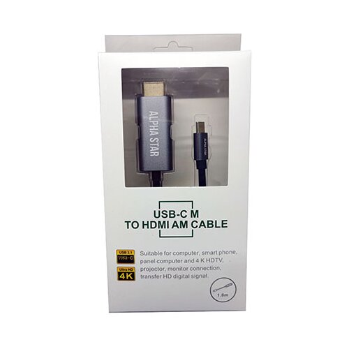 Alpha Star USB kabl TIP-C (muški) na HDMI 4K (muški)/dužina 1,8m/blister ( TIP- C na HDMI 4K 1,8m ) TIP- C na HDMI 4K 1,8m Cene