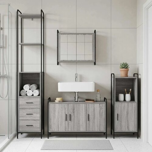  Set ormarića za kupaonicu 4 kom. Siva Sonoma 40 x 36 x 200 5 cm - Siva Sonoma Ormar ispod sudopera (3 vrata) + viseći ormar + ku Cene