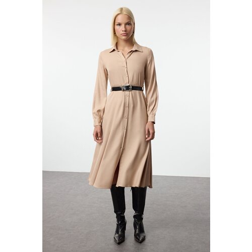Trendyol Camel Straight Belted Midi Woven Shirt Dress Woven Dress Slike