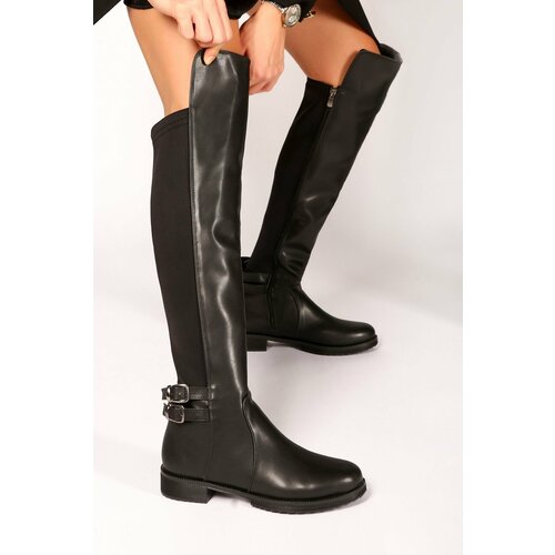 Shoeberry Women's Eliana Black Leather Elastic Boots, Black Leather. Slike