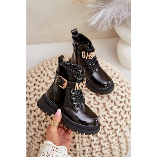 FR1 Girls Patent Insulated Boots With Decorative Strap Black Gilian Cene
