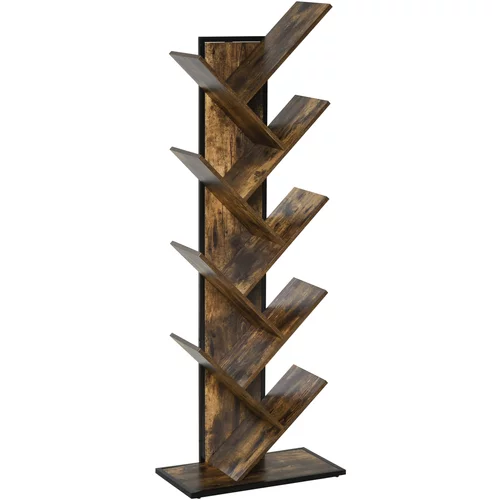 HOMCOM lesena knjižna omara z drevesom, prostorsko varčen stolpni regal z 10 policami v industrijskem slogu, 50x28x142cm, (20754063)