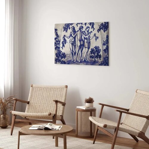  Slika - Ancient vineyard - three women in a portal painted with blue ink 90x60 Na talijanskom platnu Slike