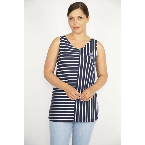 Şans Women's Navy Blue Plus Size Stripe Combination Sleeveless Blouse Slike
