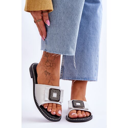 Kesi Women's leather slippers with rhinestones S.Barski KV-2775-33 silver Slike