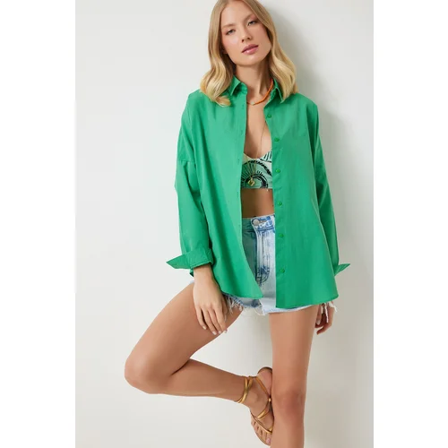  Women's Green Oversize Long Basic Shirt