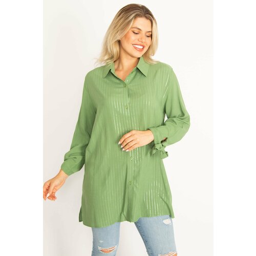 Şans Women's Plus Size Green Front Buttoned Sleeves Lace And Silvery Detailed Woven Viscose Shirt Cene