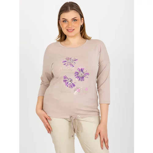 Fashion Hunters Lady's blouse plus size with 3/4 sleeves and print - beige