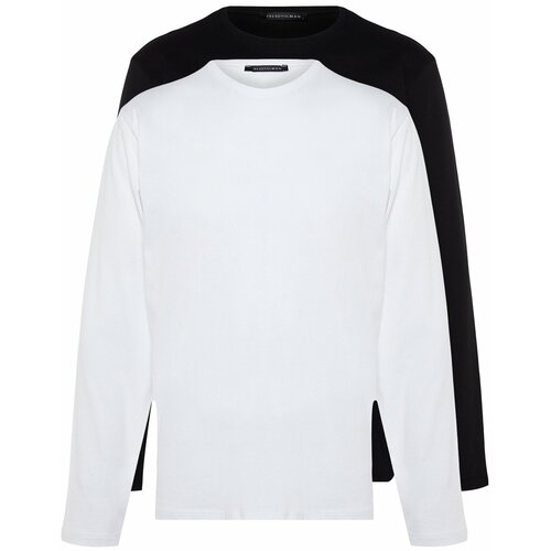 Trendyol Black and White Men's Plus Size 2-Pack Long Sleeved Comfy 100% Cotton Regular Fit T-Shirt. Slike