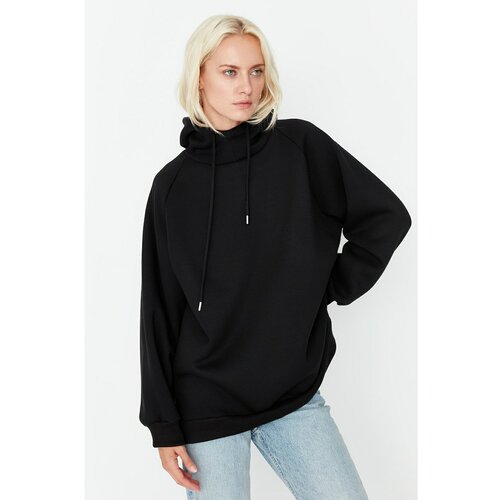 Trendyol Black Hooded Oversize Raised Knitted Sweatshirt Cene