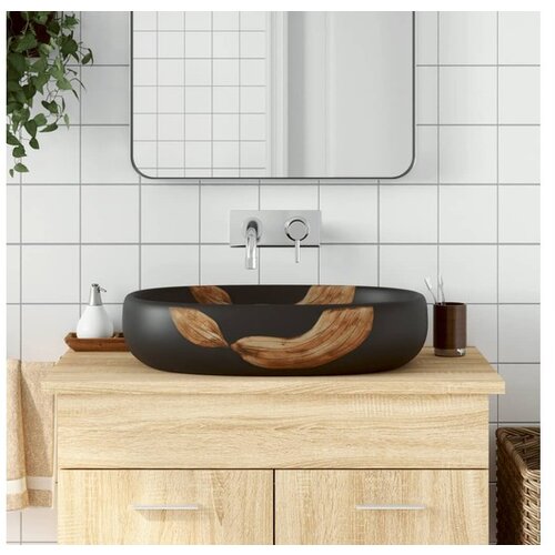 vidaXL Nadpultni umivalnik črn ovalen 59x40x14 cm keramika Cene