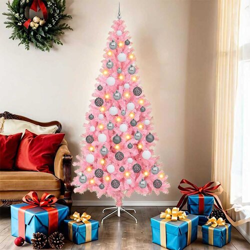 vidaXL Umjetne božićne jelke S LED lampica Ružičasta 180 cm PVC Cene