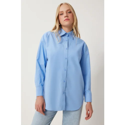 Happiness İstanbul Women's Blue Cotton Oversize Long Shirt