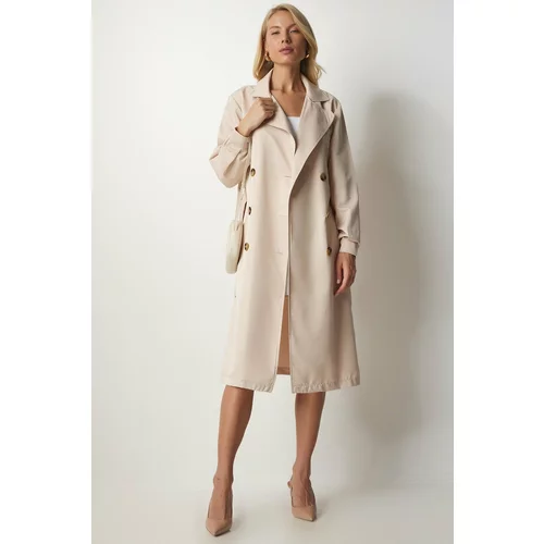 Happiness İstanbul Women's Cream Double-breasted Collar Seasonal Trench Coat