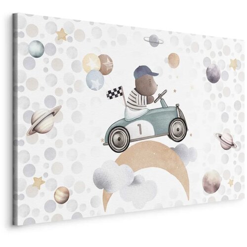  Slika - Galactic Races - A Bear Participating in Car Races Among Planets Clouds and Stars in Pastel Hues 120x80 Standard Cene