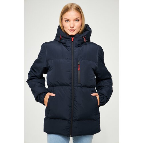 River Club Women's Navy Blue Inner Lined Hooded Water And Windproof Inflatable Winter Coat Slike