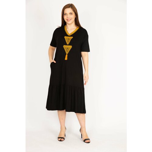 Şans Women's Black Plus Size Embroidery Detailed V-Neck Side Pockets Dress Slike