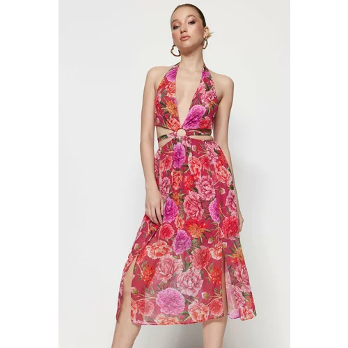 Trendyol Chiffon Floral Patterned Evening Dress with Window/Cut Out Detailed, Multicolored Lining