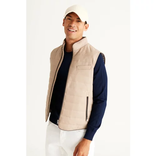 ALTINYILDIZ CLASSICS Men's Beige Standard Fit Normal Cut High Collar Cotton Diagonal Patterned Vest