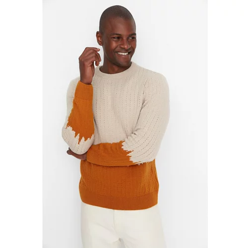 Trendyol Orange Men's Slim Fit Crew Neck Paneled Knitwear Sweater