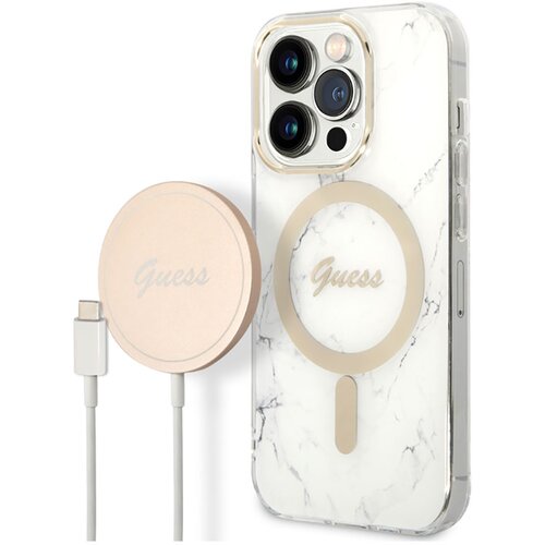 Guess Komplet ohi&amp;scaron;ja za iPhone 14 Pro z marmornatim vzorcem in brezžični polnilnik Qi Magsafe 15W, Bela, (21731021) Slike