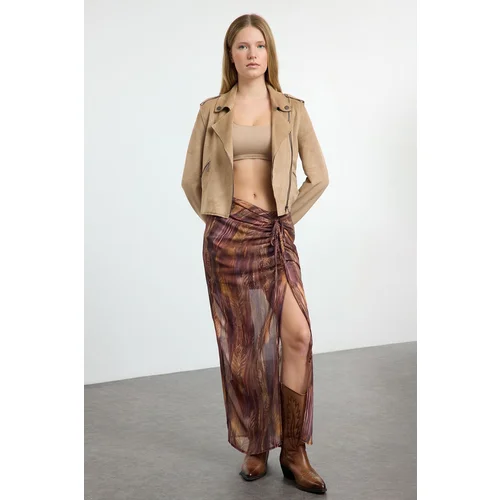  Brown Patterned Slit Detailed Maxi Skirt