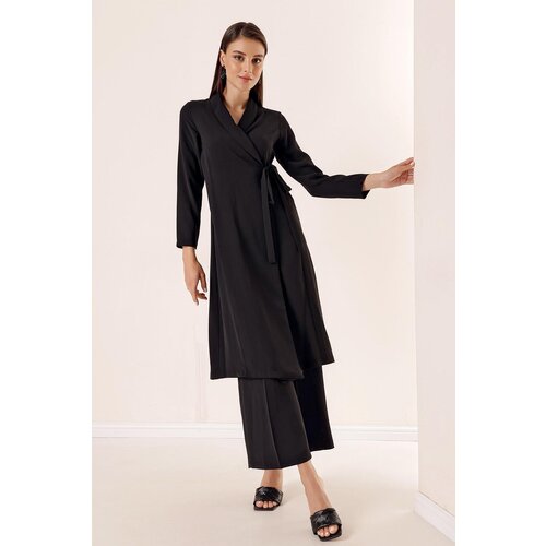 By Saygı Turndown Collar Tie Waist Crepe Long Jacket Black Slike