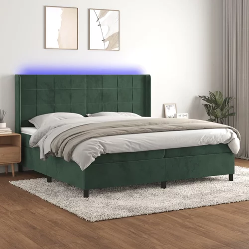 vidaXL Box spring postelja z vzmetnico LED tem. zelena 200x200cm žamet
