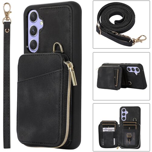 INORCO Za Samsung Galaxy A34 5G torbica za telefon s stojalom na zadrgo, usnjena torbica za telefon TPU s trakovi, (22032949) Slike