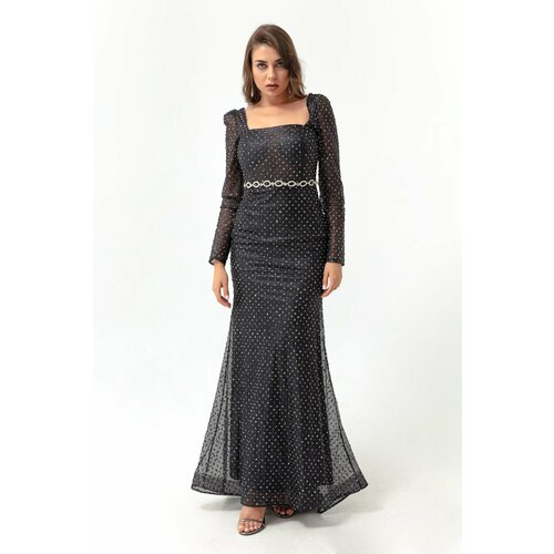 Lafaba Women's Black Square Neck Stoned Belted Long Evening Dress. Slike