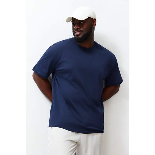 Trendyol Plus Size Navy Blue Men's Relaxed/Comfortable Cut Back Text Printed 100% Cotton Short Sleeve T-Shirt Cene