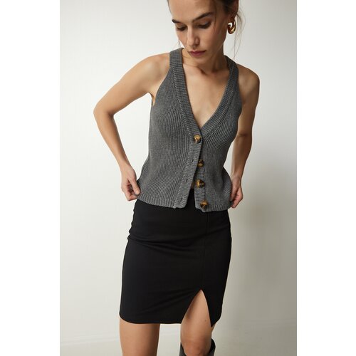  Women&amp;#039;s Anthracite Halterneck Buttons Knitwear Vest Slike