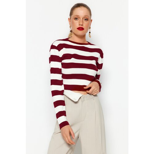 Trendyol Claret Red Crop Basic Striped Knitwear Sweater Cene