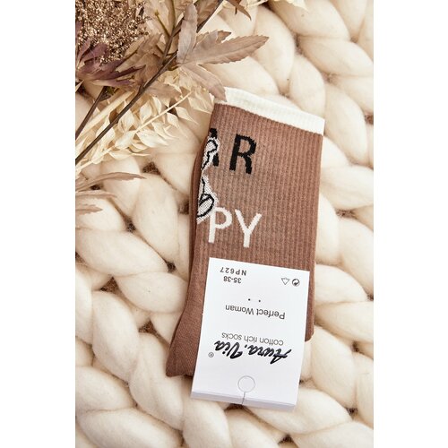 Kesi Light brown women's cotton socks with inscription and teddy bear Slike