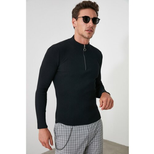 Trendyol black men's slim fit half turtleneck zipper corduroy sweater Slike