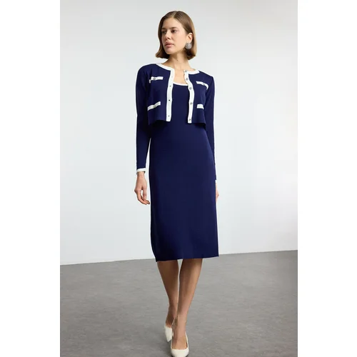 Trendyol Navy Blue Color Block Midi Knit Dress