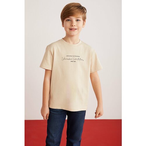 GRIMELANGE Rune Boy's 100% Cotton Short Sleeve Piece Printed Crew Neck Beige T-shirt Cene